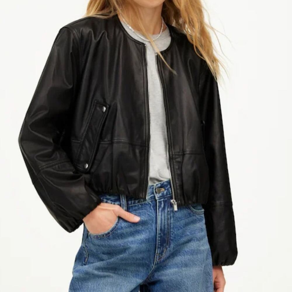 Madewell Leather Bubble Sleeve Jacket Black Cropped Lamb Full Zip‎ Relaxed XL